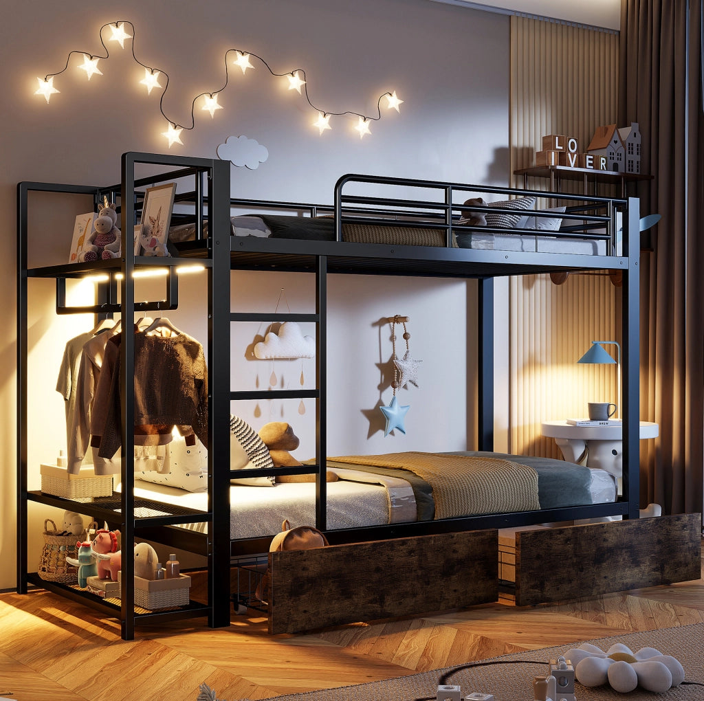 Letto a castello 90x200 cm in metallo e MDF con LED; 2 cassetti; ripiani e barra appendiabiti; nero