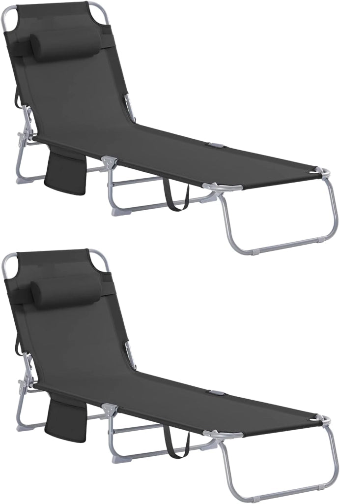 Set di 2 Sdrai da Giardino Lettino Prendisole con Cuscino e Tasca Laterale Sedia Sdraio da Esterno per Patio, Campeggio Spiaggia, Sdraio Pieghevole da Giardino Azzurro 155x56x81cm OGS35-Bx2