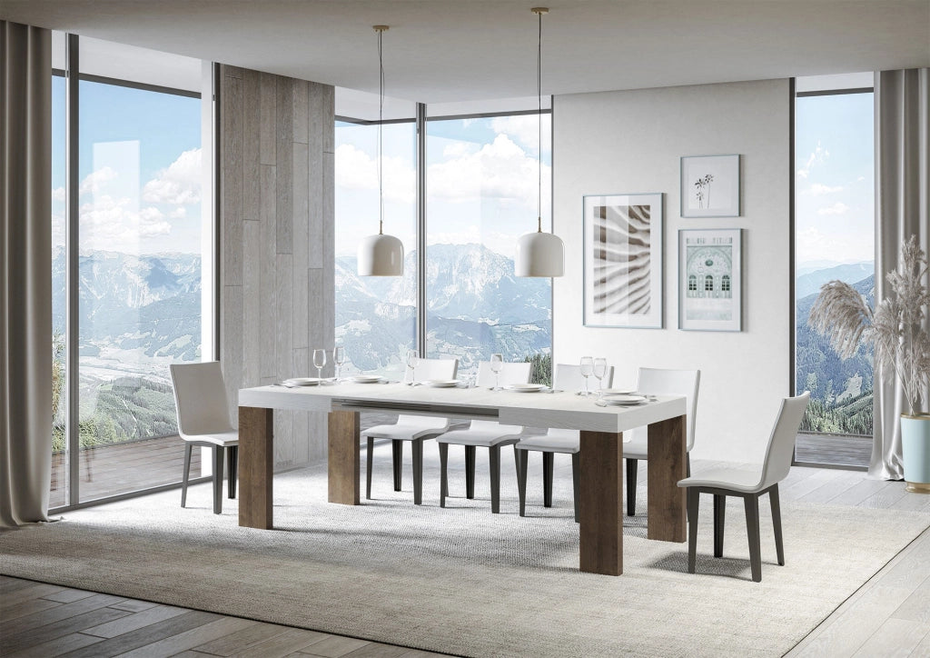 Tavolo Allungabile 130/390x90x77 cm Roxell Mix piano Bianco Frassino gambe Noce
