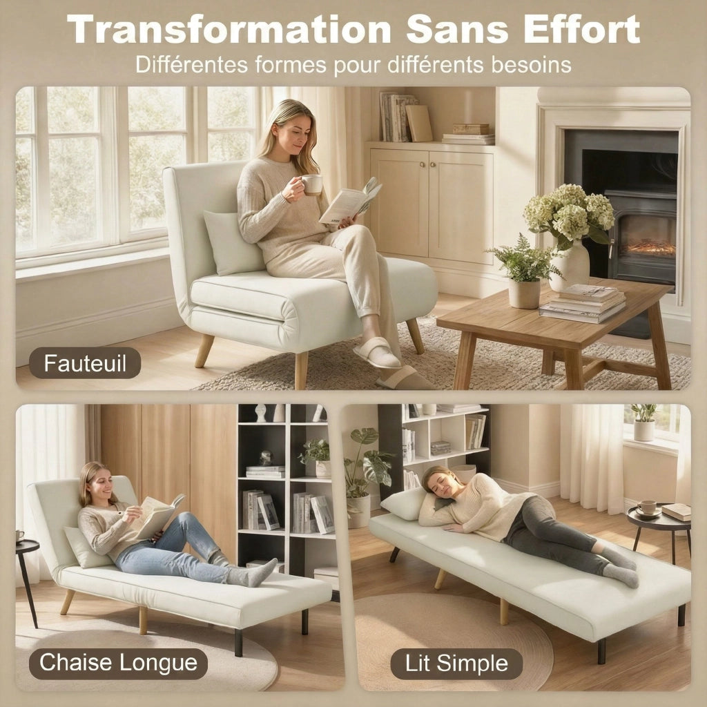 Poltrona letto singolo imbottita 3 in 1 ¨C zephmum ¨C tessuto crema con cuscino