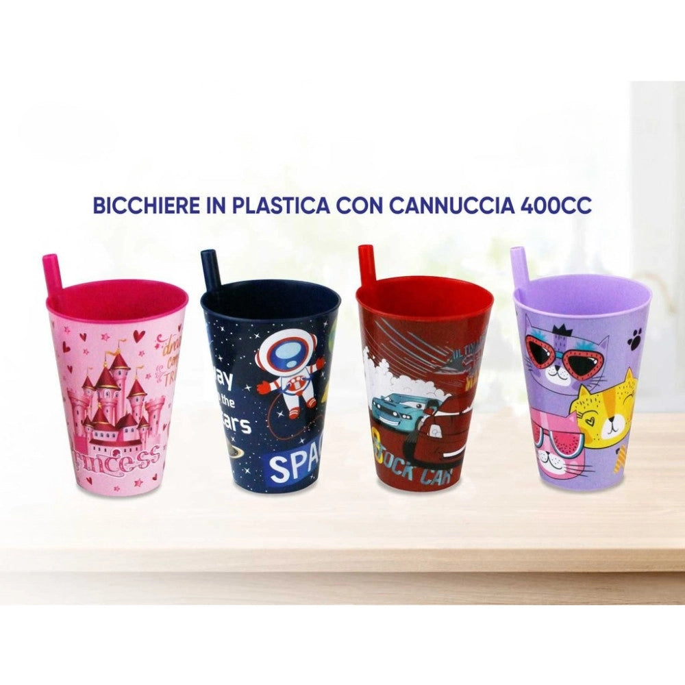 Trade Shop - Bicchiere Bambini In Plastica 400ml Con Cannuccia – Tazza Colorata Riutilizzabile Per Casa E Scuola -