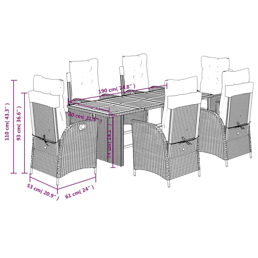 Set da Pranzo da Giardino 7 pz Nero con Cuscini in Polyrattan