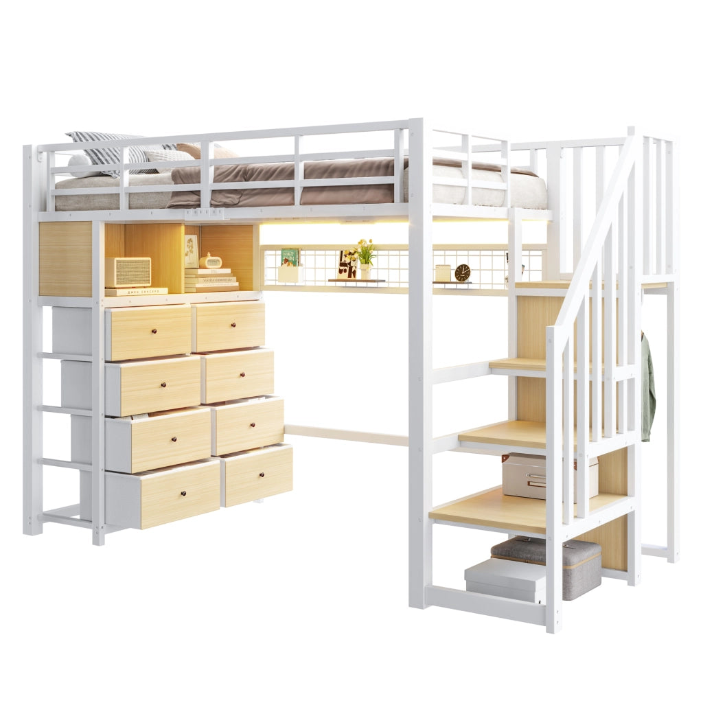 Letto a soppalco 90x200 cm con 8 cassetti e LED in MDF e metallo bianco