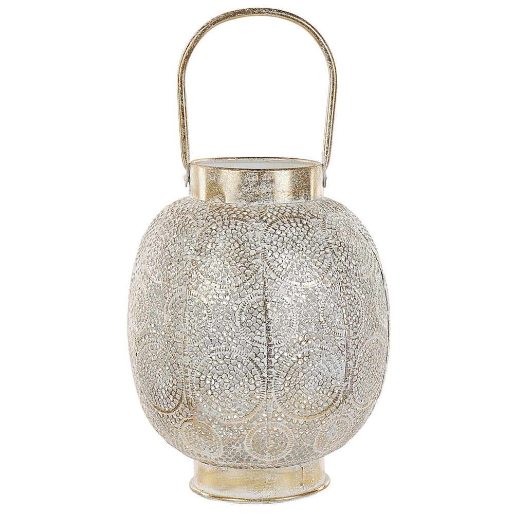 Lanterna in metallo dorato 30 cm con portacandele in vetro traforato orientale Boho