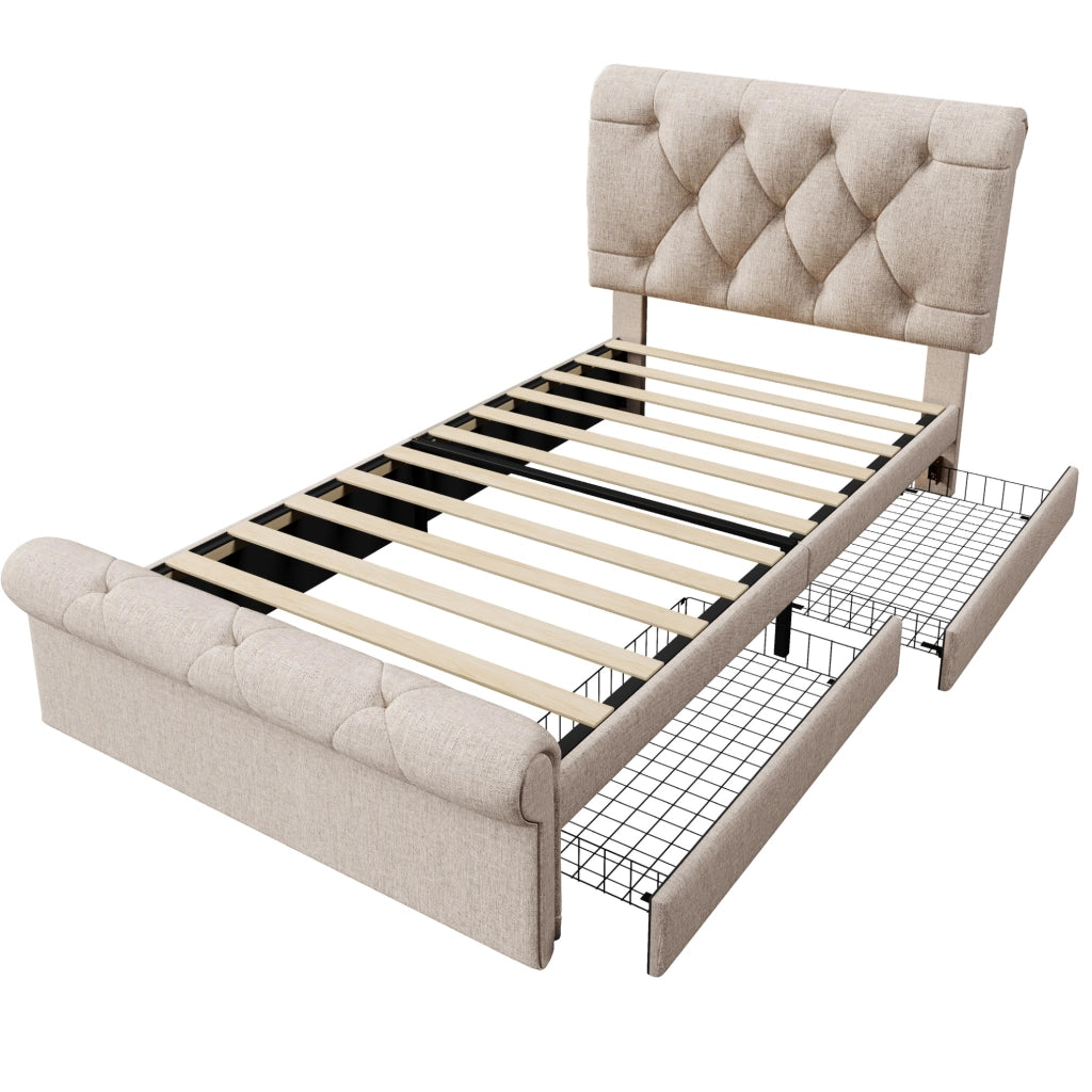 Letto singolo imbottito 90x200 cm con 2 cassetti; testiera regolabile e materasso; naturale