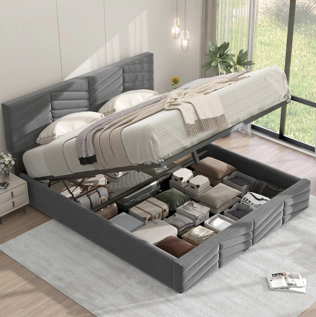 Letto imbottito matrimoniale 140x200 in velluto grigio con contenitore e testiera regolabile