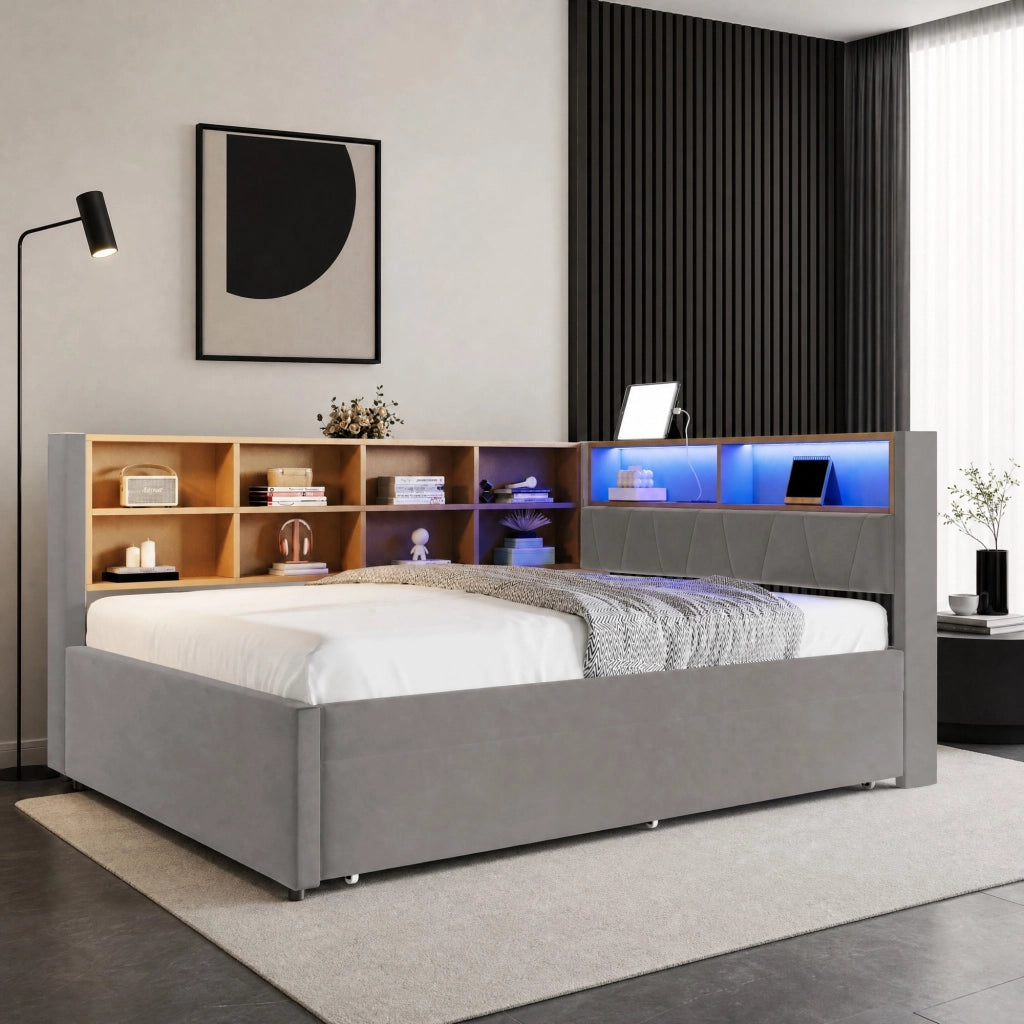 Letto multifunzione con estraibile 140x200 cm, LED e prese
