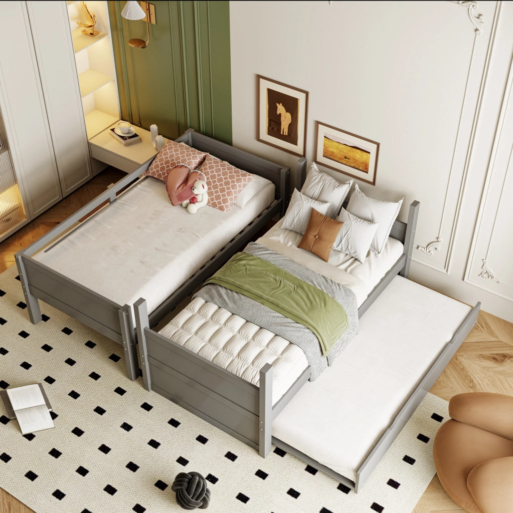 Letto a castello 90x200 cm convertibile in due letti singoli e con letto estraibile in legno grigio