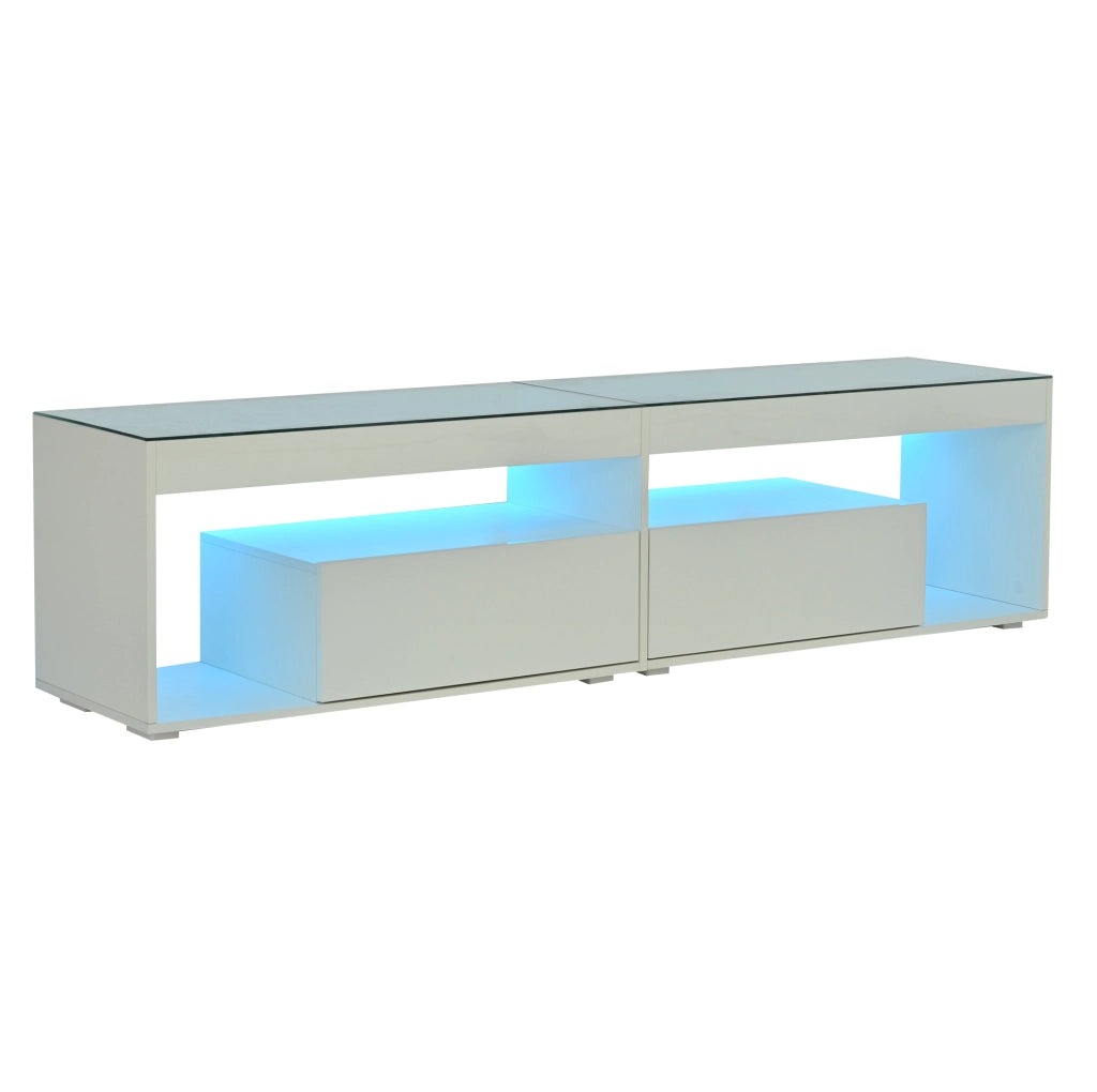 Mobile TV ULEVR 180x40x46 cm con LED dimmerabile, 2 cassetti e vetro temprato, bianco