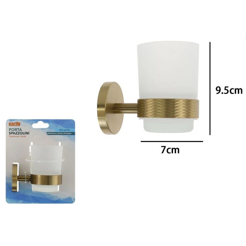 Trade Shop - Porta Spazzolini Da Denti In Acciaio Oro Con Bicchiere Vetro Satinato Bagno 87928 -