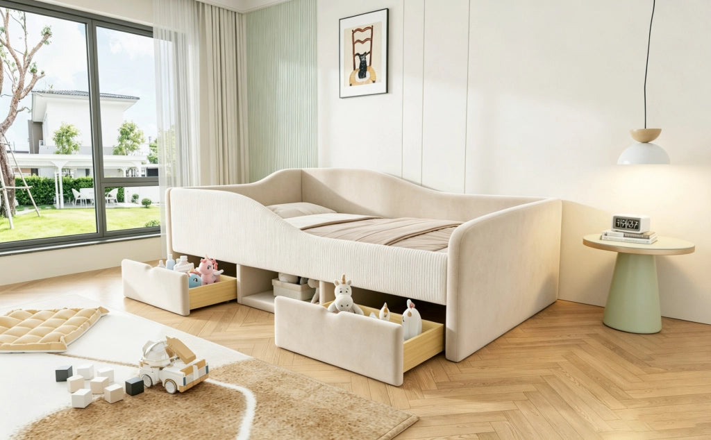 Letto per bambini 90x190 cm in velluto beige con 2 cassetti e sponde imbottite
