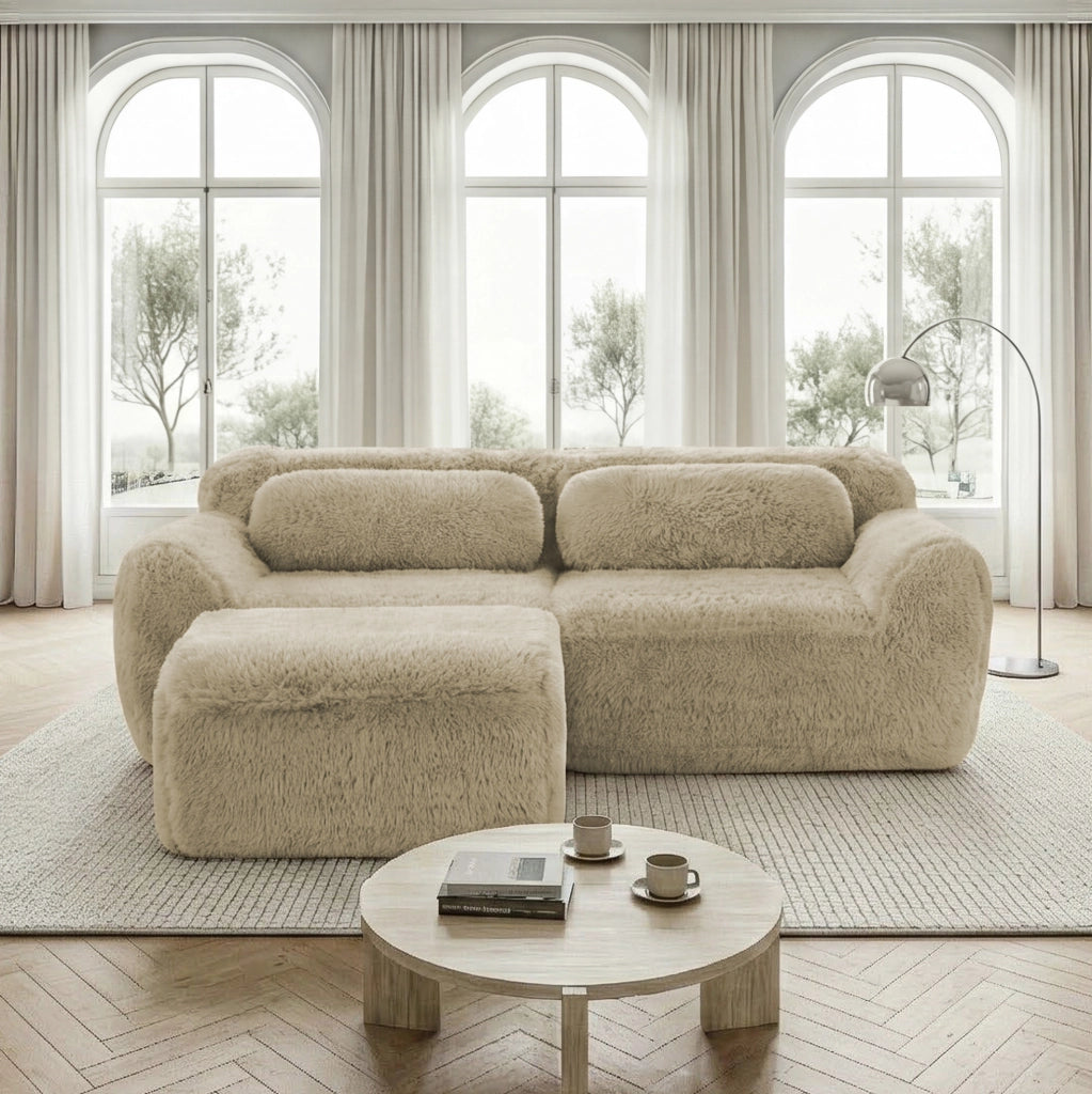 Divano modulare angolare 204x179x73 cm in tessuto plush cachi chiaro; senza montaggio