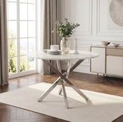 Tavolo rotondo 80 cm in MDF effetto marmo; gambe cromate argento; bianco e argento