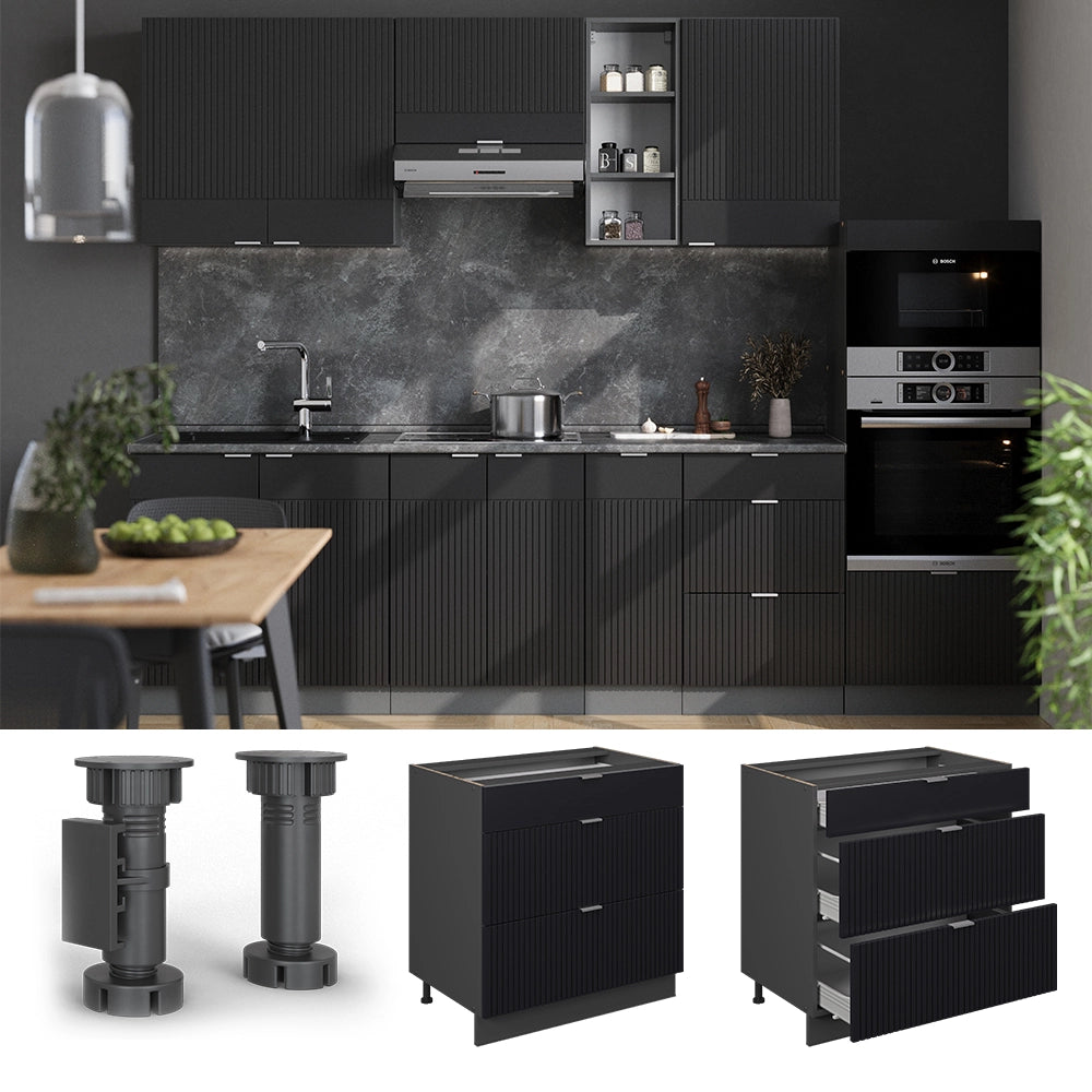 Mobiletto base per cucina Fame-Line Nero rigato/Antracite 80 cm con 3 cassetti, PL Rovere Vicco