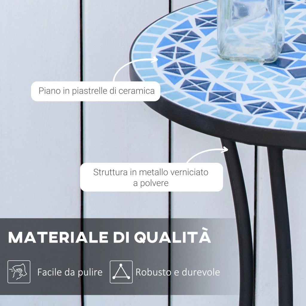 Tavolino da Giardino Rotondo in Metallo con Piano in Ceramica, Design a Mosaico, §¶35.5x53.5cm, Blu