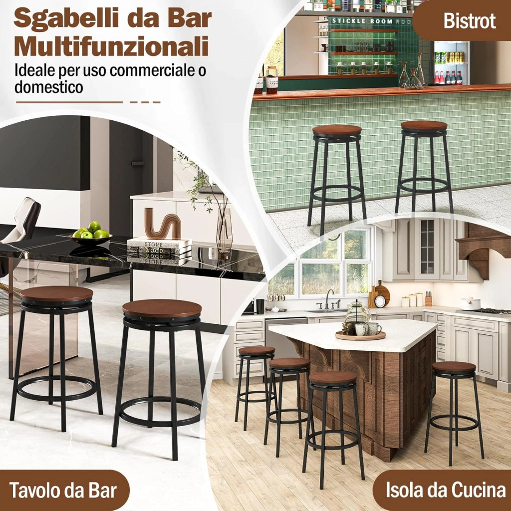 Set di 2 Sgabelli Girevoli e Regolabili in Altezza, Sgabelli da Bar in Metallo e MDF con Poggiapiedi, Mobile per Isola della Cucina, Sala da Pranzo e Salotto, Marrone e Nero