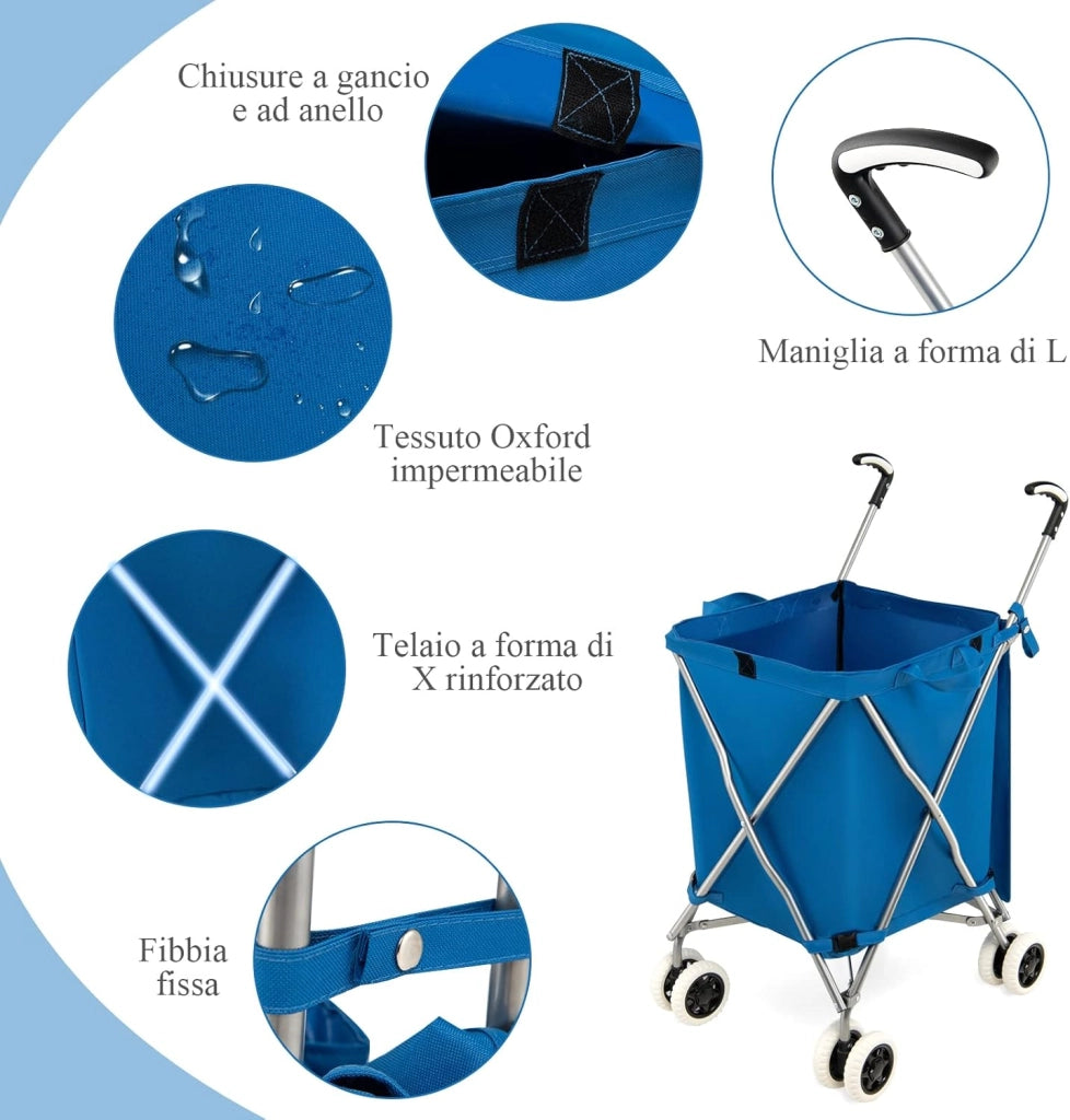 Carrello Spesa Pieghevole con Ruote, Carrello Portaspesa con Fodera in Tessuto Oxford Rimovibile e Impermeabile, 90L, Capacità di peso 55 kg (Blu)