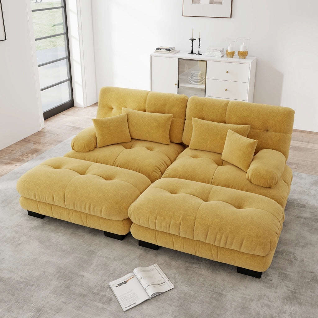 Divano modulare angolare in ciniglia gialla 220x145x81 cm con 2 pouf; cuscini lombari e decorativi