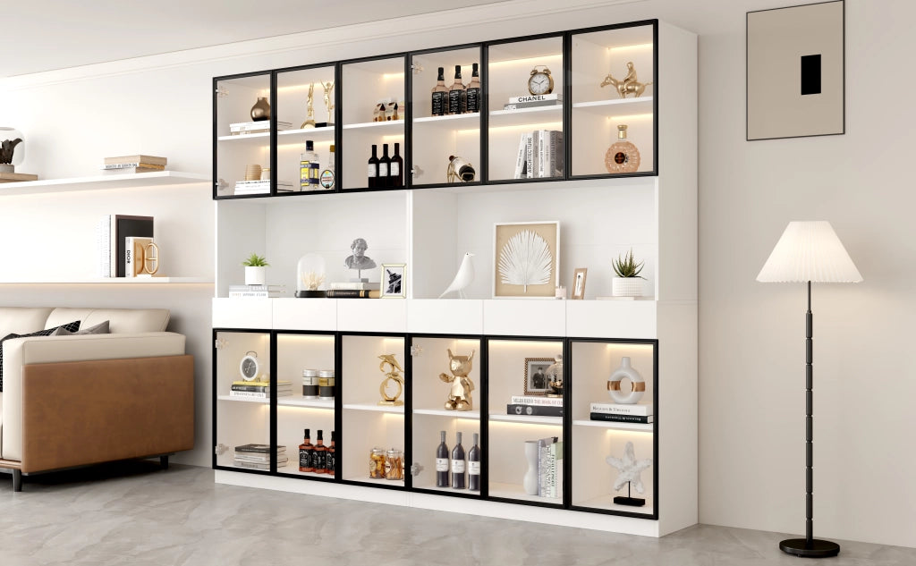 Vetrina alta con LED, ripiani regolabili, 6 cassetti e ante in vetro, per soggiorno, cucina e ufficio, bianco
