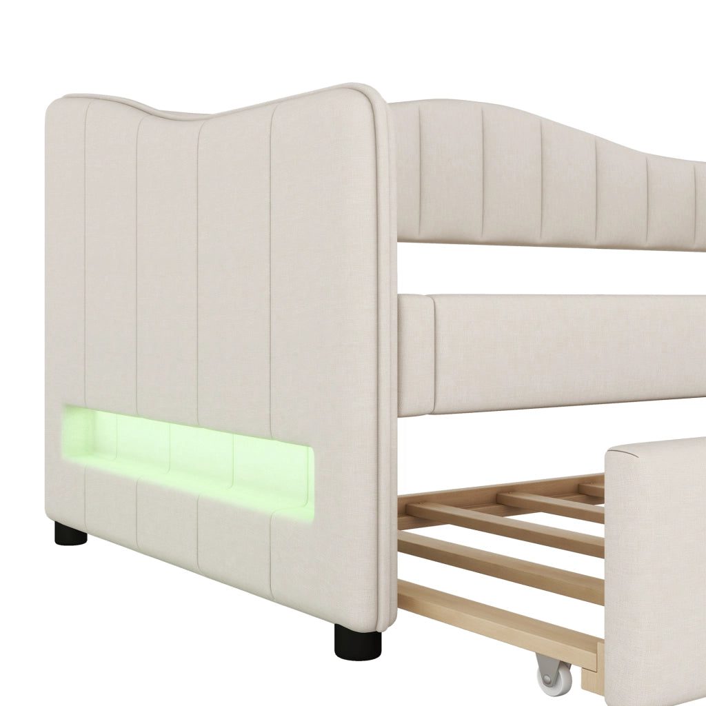 OKWISH Letto a Scomparsa 90×200 cm, Letto Singolo con Letto Estraibile, LED Regolabile e Luce d’Atmosfera, senza Materasso, Lino, Beige