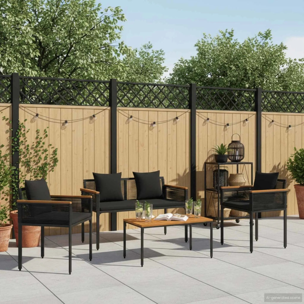 Set di Mobili da Esterno con cuscino 4 pz | Set Salotto da Giardino Nero polyrattan