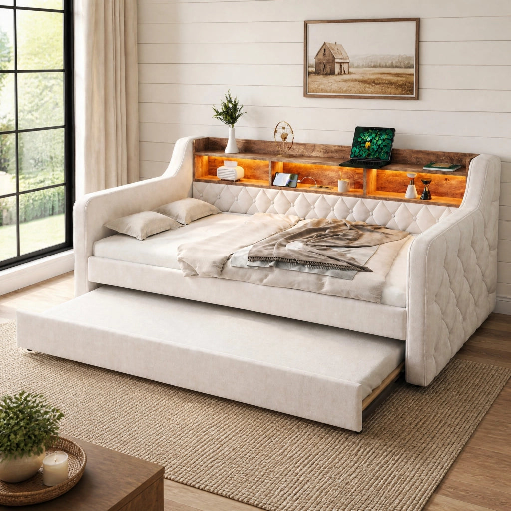 Letto estraibile 90 × 190 cm 1 posto con vano contenitore, mensola, USB-C e LED regolabile, senza materasso