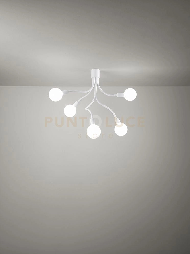 Lampadario a soffitto in metallo e gomma bianco Bulbo 5 luci attacco E27