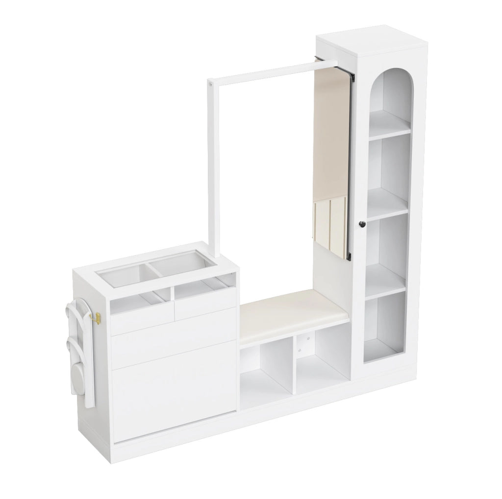 Mobile ingresso multifunzione con LED; specchio girevole e scarpiera salvaspazio 163x50x161 cm; bianco in truciolare
