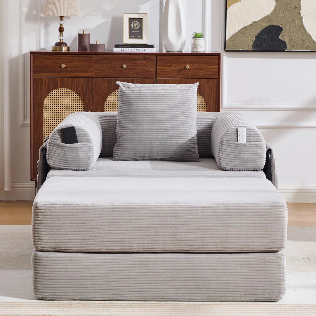 Divano modulare in corduroy con pouf, struttura in metallo, cuscino e tasca laterale, grigio chiaro