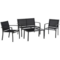 Salotto da Esterno, Set 4 Pezzi con 1 Tavolino, 2 Sedie da Giardino e 1 Panca in Metallo, Nero