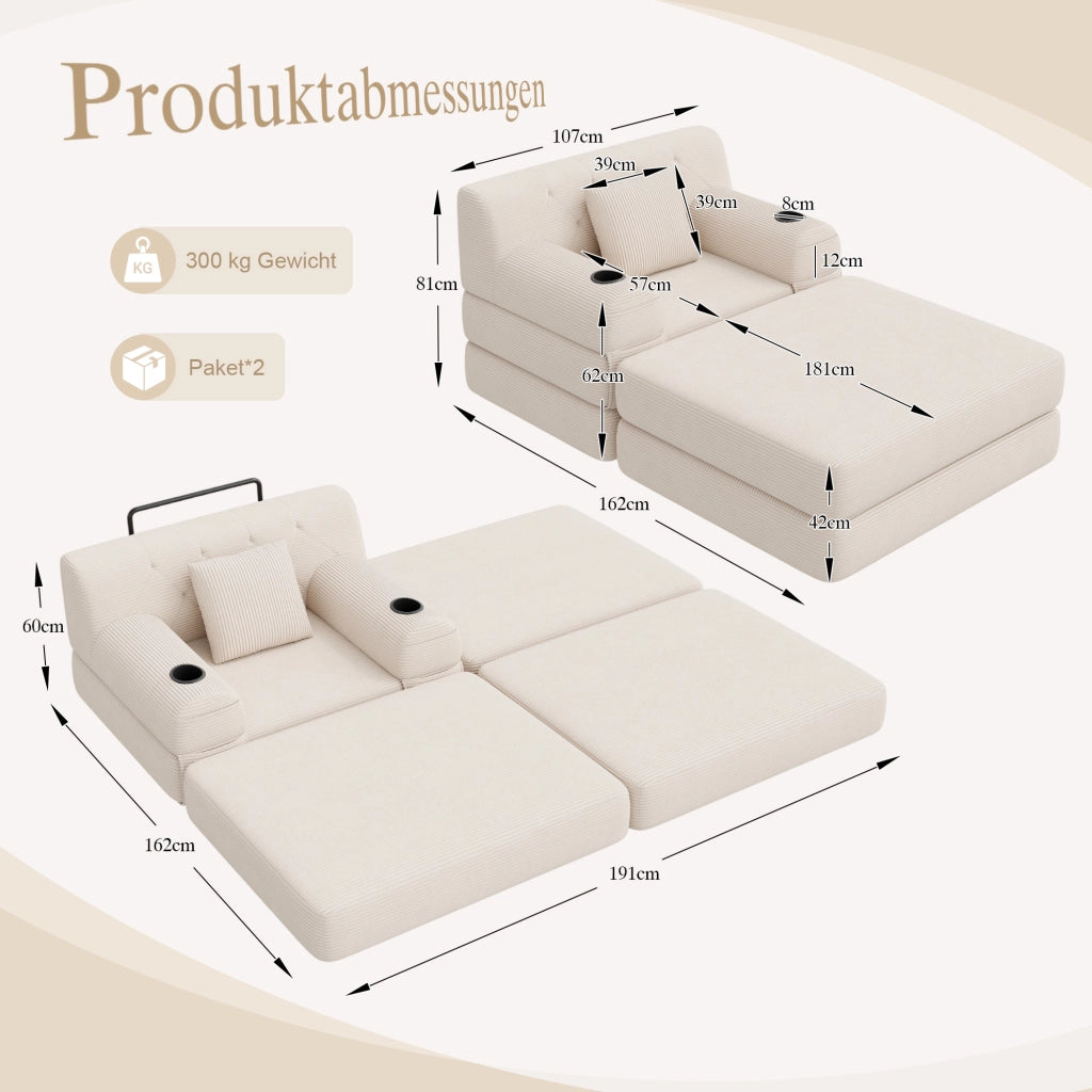 Poltrona letto compatta con funzione letto schienale alto tasche laterali e portabicchieri in tessuto cord beige
