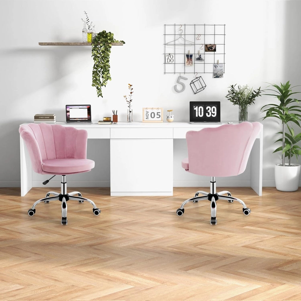 Sedia da Scrivania in Velluto, Poltrona Girevole con Altezza Regolabile, con Schienale a Forma di Petalo e Ruote, per Casa Ufficio, Carico Massimo 150 kg (Rosa)
