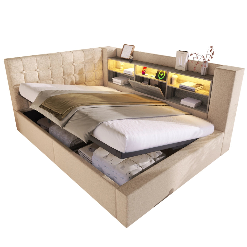 Letto imbottito idraulico con illuminazione a LED 140x200 cm colore beige lino