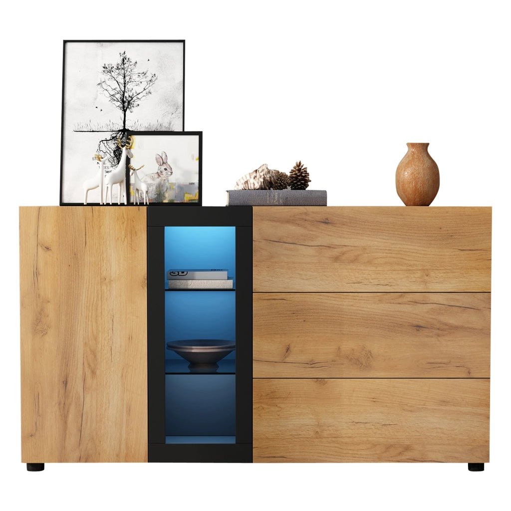 Credenza Moderna 140 cm Mobile Buffet Nero e Marrone con 3 Cassetti e Luci LED