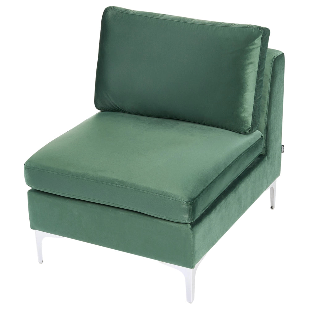 Divano ad angolo componibile versione sinistra a 4 posti in velluto verde con gambe in metallo argento stile glamour