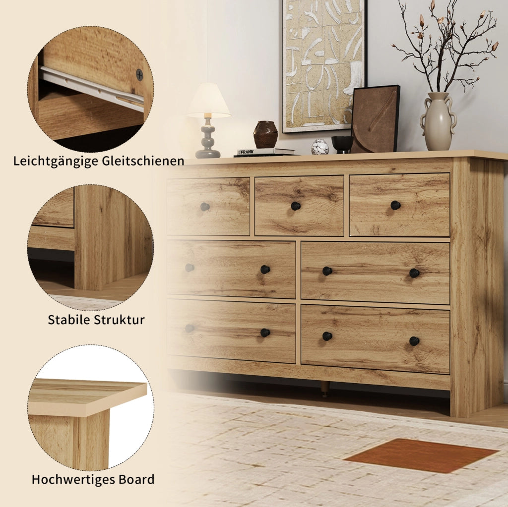 Sideboard moderno in legno con 7 cassetti, 152x40x89 cm