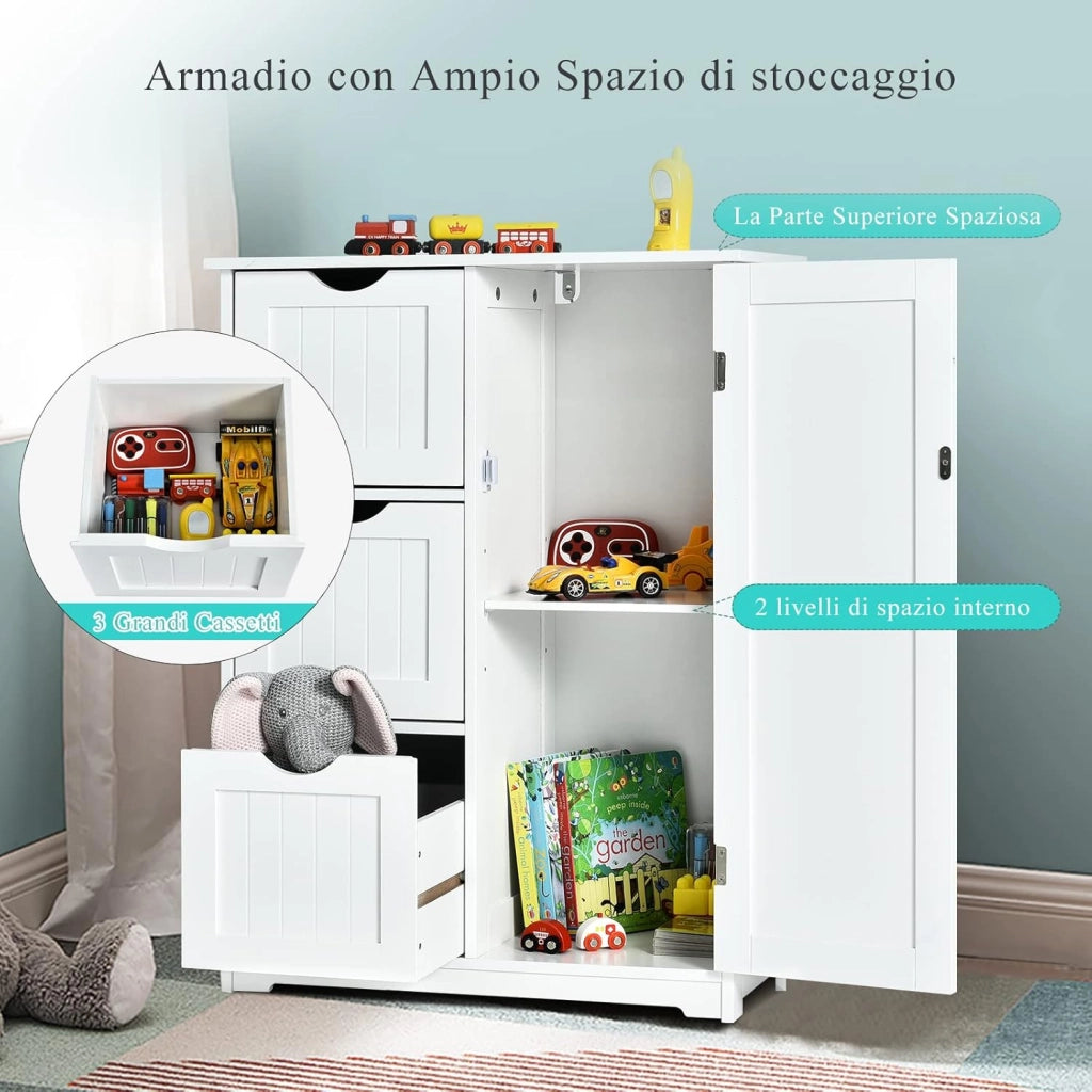 Mobile Bagno, Armadietto Salvaspazio e Multiuso con 3 Cassetti, Ante e Ripiano Regolabile, Mobiletto in Legno per Soggiorno, Camera da Letto, Salotto, Cucina, 60x 30x 81cm (Bianco)