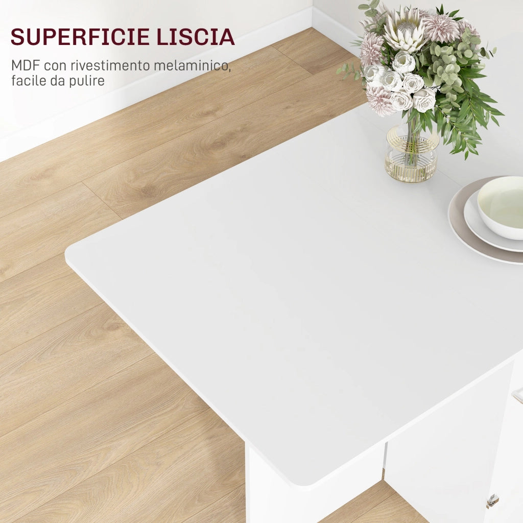 Tavolo a Ribalta Pieghevole con Ripiani a 3 Livelli Box e Rotelle 130x80x76,5 cm in MDF Bianco