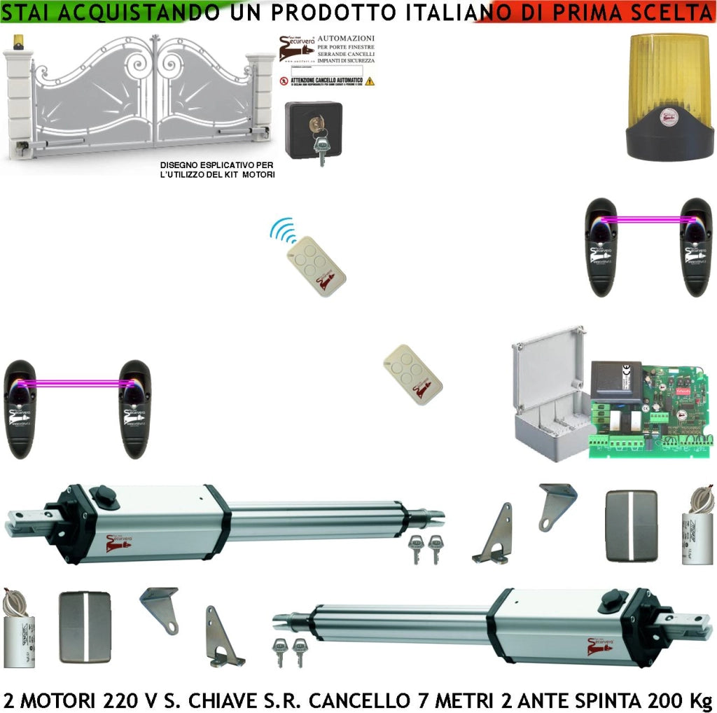 Cancello Elettrico da 7 Metri 2 Ante da 3,5 Metri Kit Automatismo Base 2 Motori Elettromeccanici 230 V Stelo Retrattile Autobloccante Corsa 600 mm Spinta 250 Kg Centrale Fotocellule 2 Radiocomandi