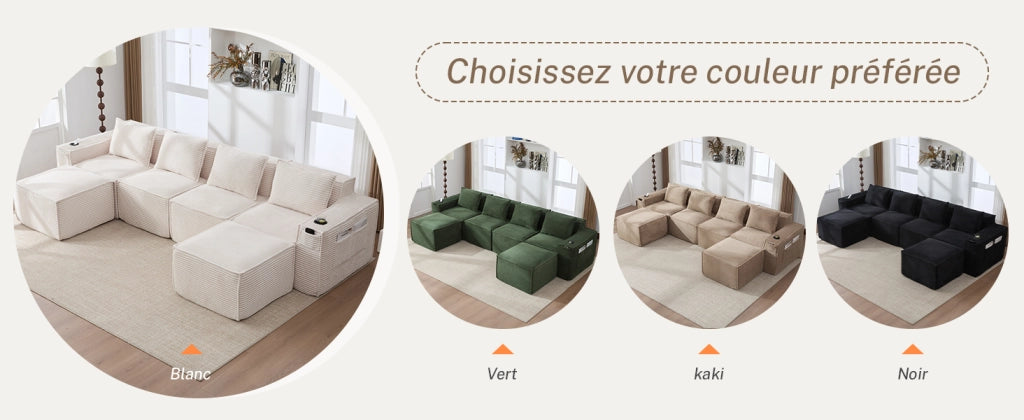 Divano modulare 4 posti con portabicchieri e tasche laterali, molle e schiuma, per soggiorno in tessuto a coste beige