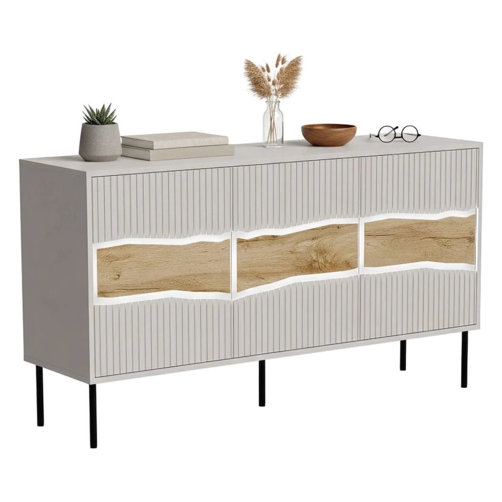Credenza Saliceto, Madia da salotto con tre ante battenti e vani interni, Rialzata da terra, 144x40 h80 cm, Beige e Rovere Nodi