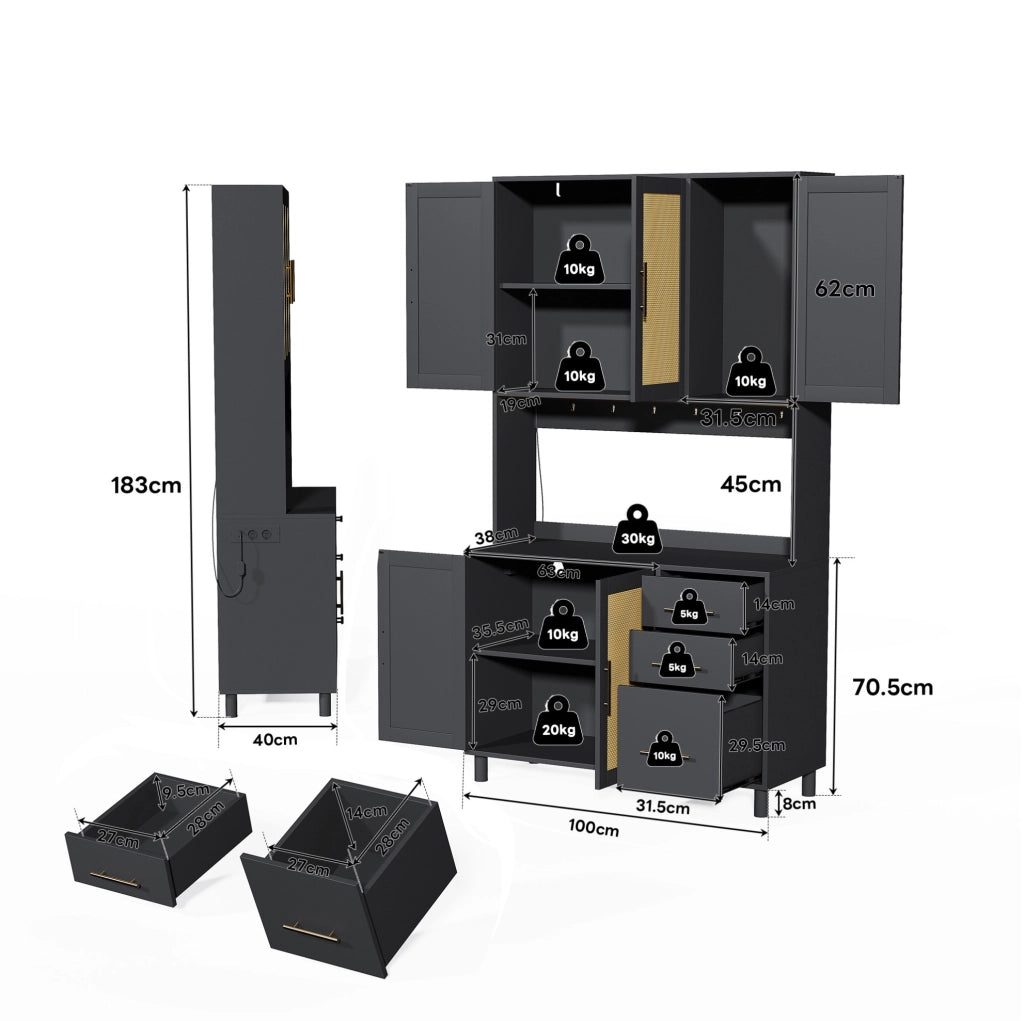 Credenza cucina 100x40x183 cm con LED multicolore; 2 prese; USB; 3 cassetti; MDF nero