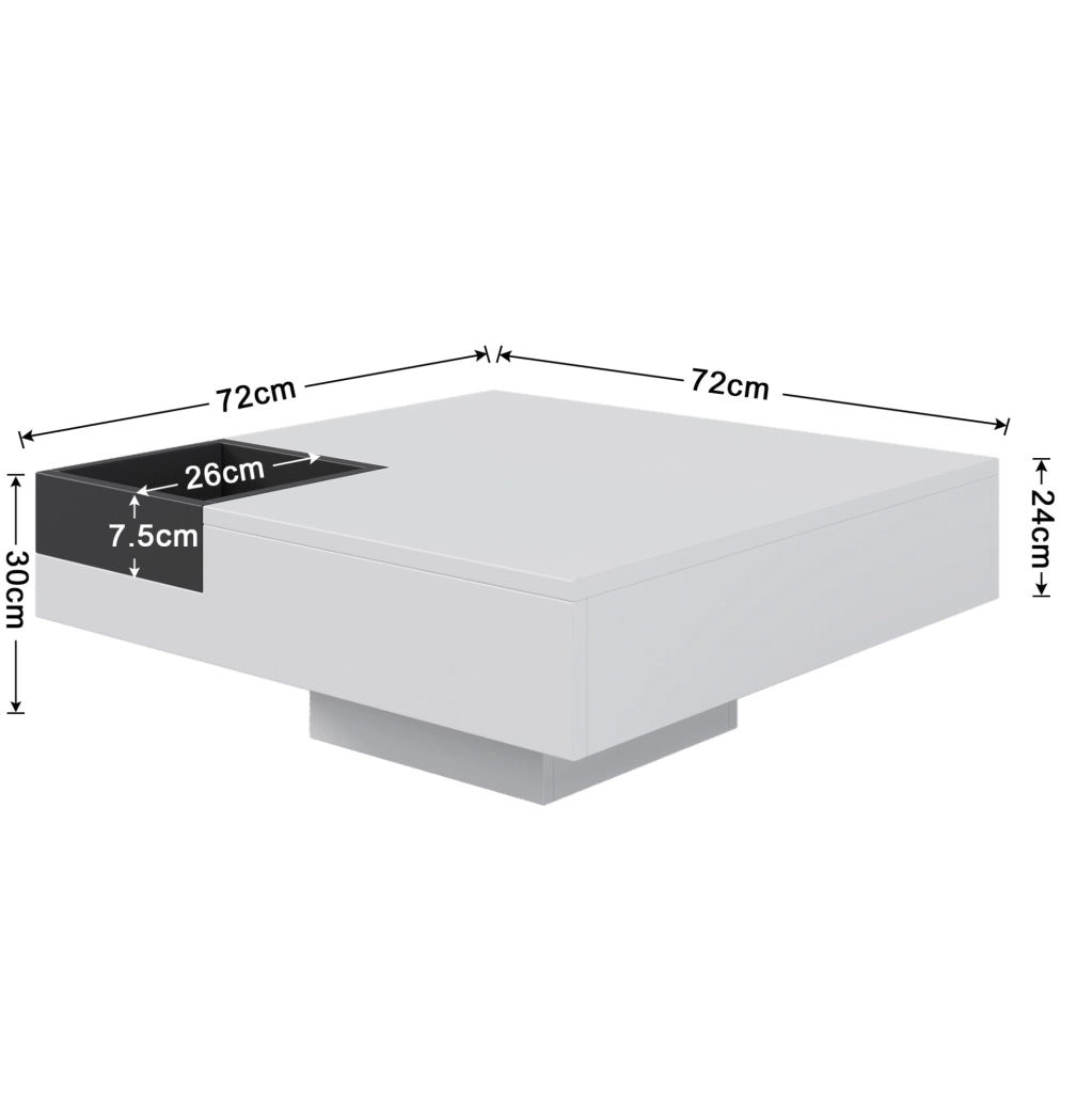 Tavolino da salotto 72x72x30 cm in truciolare bianco e nero lucido con box contenitore e LED