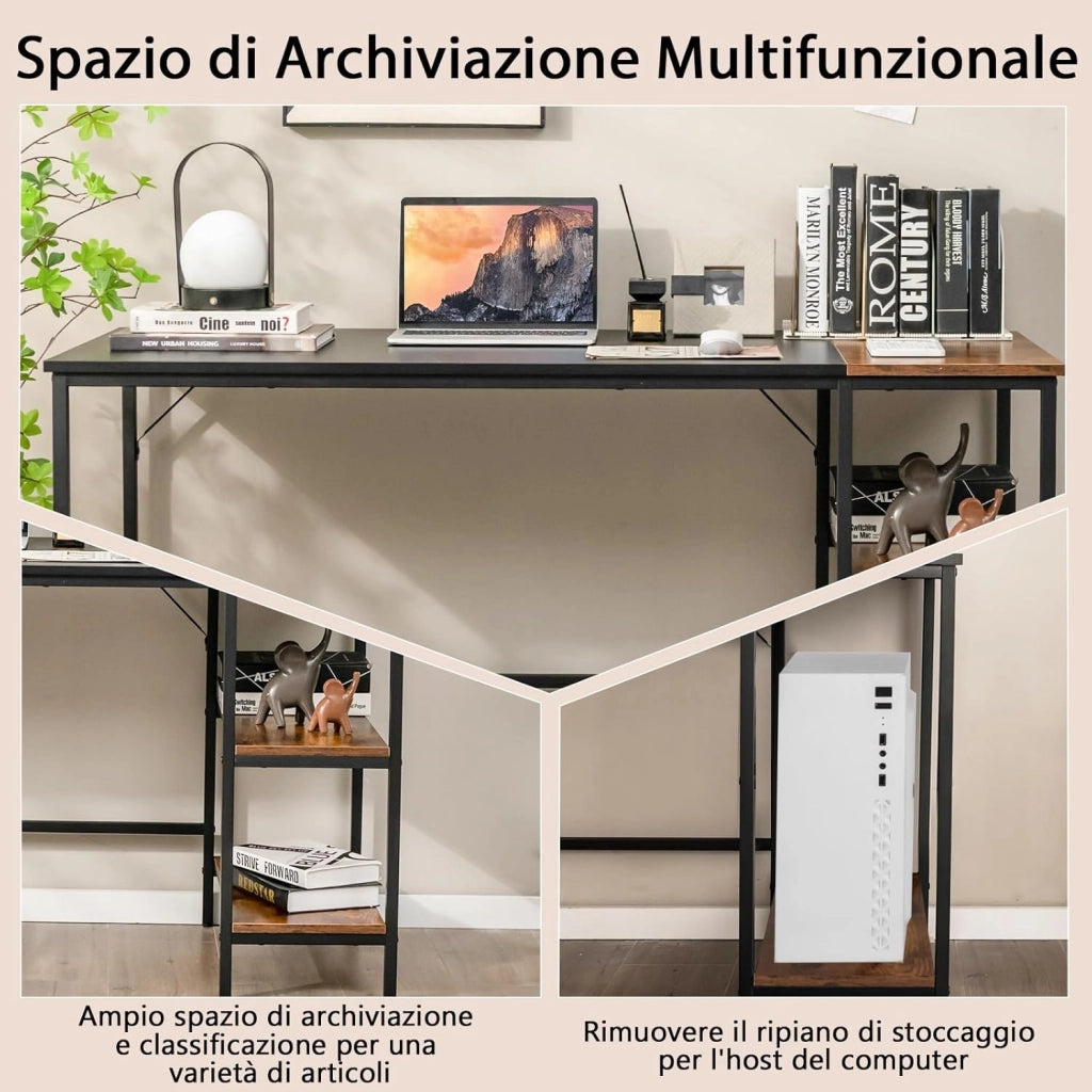 Scrivania per Computer da 140 cm, Scrivania per PC Portatile con Ripiani, Telaio in Acciaio e Ampio Piano, Scrivania Industriale per Ufficio e Studio, 140 x 60 x 74 cm (Nero)