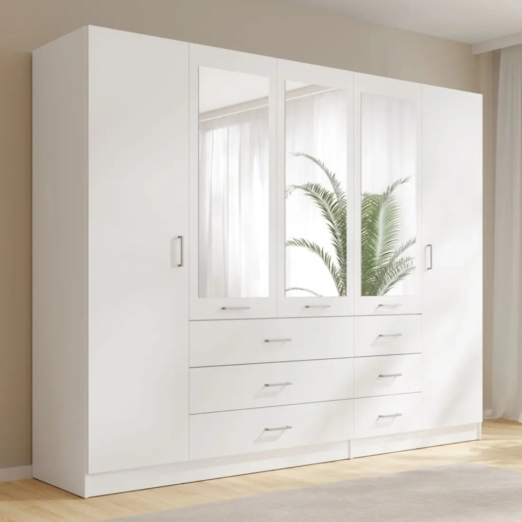 Armadio KALISTA 250 cm bianco con specchi e 6 cassetti
