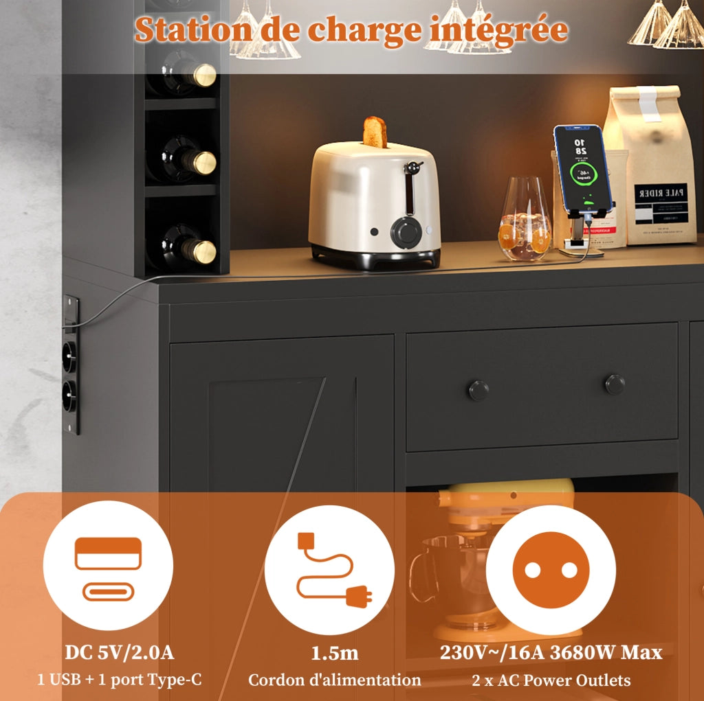 Buffet da cucina alto 180x105x40 cm nero in truciolare con LED; prese e portabicchieri