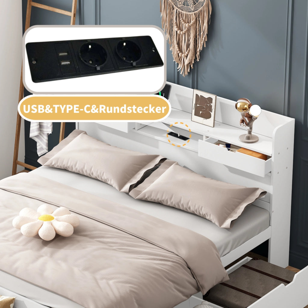 Letto multifunzione 140x200 cm bianco con USB e contenitori