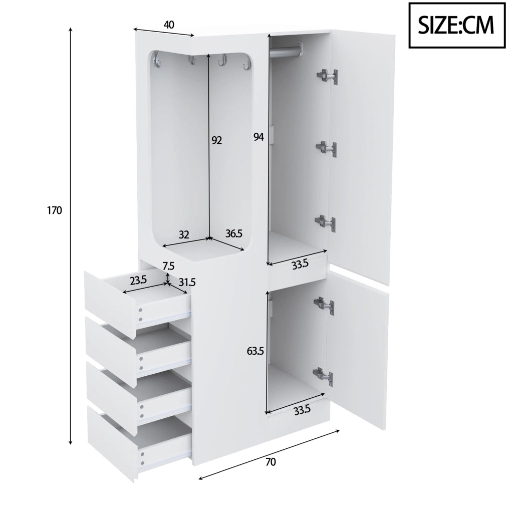 Armadio con 1 anta, 4 cassetti e vano appendiabiti aperto, per camera da letto, in legno, bianco, 70 × 40 × 170 cm
