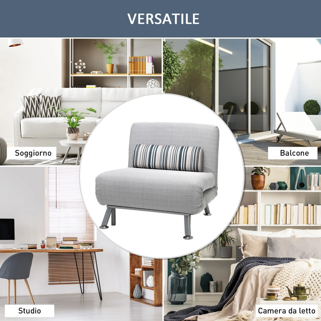 Poltrona Letto in Ferro e Cotone con Cuscino a Righe Grigio,75x70x75 cm