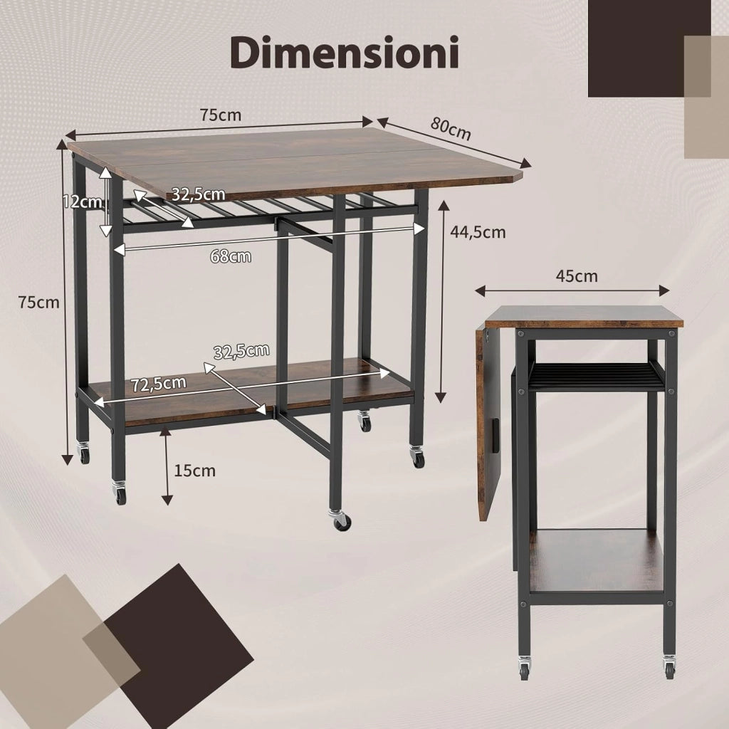 Tavolo da Pranzo per 2-4 Persone, Tavolo Pieghevole con Ampio Piano, Portabottiglie, Ripiano Portaoggetti e Ruote Bloccabili per Cucina, Sala da Pranzo e Soggiorno, 75 x 80 x 75 cm